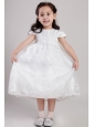 White A-line Scoop Tea-length Taffeta and Organza Appliques Flower Girl Dress