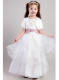 White A-line Square Ankle-length Taffeta and Organza Embroidery Flower Girl Dress