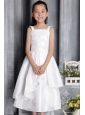 White Column / Sheath Square Tea-length Taffeta Appliques Flower Girl Dress