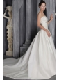 Modest Column/Sheath Strapless Court Train Satin Lace Wedding Dress