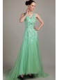 Apple Green Empire V- neck  Brush / Sweep Tulle Beading Prom Dress