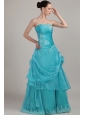 Turquoise Column / Sheath Strapless Floor-length Organza Appliques and Beading Prom Dress