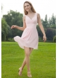 Baby Pink Empire V-neck Mini-length Chiffon Ruch Bridesmaid Dress