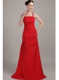 Red Column / Sheath Halter Floor-length Chiffon Ruch Prom Dress