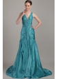 Teal A-line V-neck Brush Train Taffeta Beading and Ruch Prom / Evening Dress