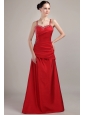 Wine Red Column / Sheath Spaghetti Straps Floor-length Taffeta Beading Prom Dress