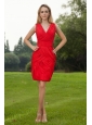 Red Column V-neck Mini-length Chiffon Ruch Prom / Homecoming Dress