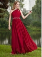 Wine Red Empire One Shoulder Floor-length Chiffon Beading Prom Dress