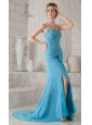 Aqua Blue Column Strapless Brush Train Chiffon Beading and Ruch Prom / Celebrity Dress