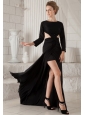Black Column Scoop Brush Train Chiffon Long Sleeves Prom Dress