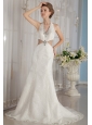 Exclusive Trumpet / Mermaid Halter Watteau Train Lace Rhinestone Wedding Dress