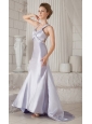 Lilac Column Straps Brush Train Satin Beading Prom / Celebrity Dress