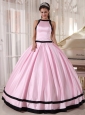 Affordable Baby Pink and Black Quinceanera Dress Bateau Satin Ball Gown