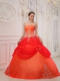 Affordable Orange Red Quinceanera Dress Strapless Taffeta and Tulle Appliques Ball Gown