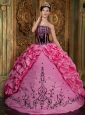 Affordable Rose Pink Quinceanera Dress Strapless Embroidery Taffeta Ball Gown