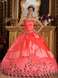 Affordable Watermelon Red Quinceanera Dress Sweetheart Taffeta Appliques Ball Gown
