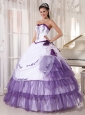 Affordable White and Purple  Quinceanera Dress Sweetheart Satin and Organza Embroidery Ball Gown