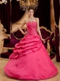 Beautiful Coral Red Quinceanera Dress Strapless Taffeta Appliques Ball Gown