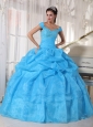 Beautiful Sky Blue Quinceanera Dress Off The Shoulder Taffeta and Organza Beading Ball Gown