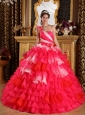 Beautiful Red Quinceanera Dress One Shoulder Organza Ruffles and Beading Quinceanera Dress Ball Gown