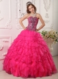 Cheap Hot Pink Quinceanera Dress Sweetheart Organza Beading Ball Gown