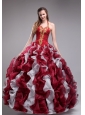 Cheap Wine Red Quinceanera Dress Halter Orangza Applqiues and Ruffles Ball Gown