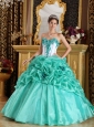 Discount Turquoise Quinceanera Dress Sweetheart Organza Hand Made Flowers Ball Gown