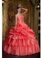 Discount Watermelon Quinceanera Dress Strapless Taffeta Beading Ball Gown