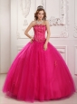 Elegant Hot Pink Quinceanera Dress Strapless Tulle Beading Ball Gown