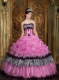 Elegant Rose Pink Quinceanera Dress Strapless Picks-Up Organza and Zebra Ball Gown