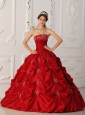 Elegant Wine Red Quinceanera Dress Strapless Taffeta Appliques and Beading Ball Gown