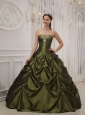 Exquisite Olive Green Quinceanera Dress Strapless Taffeta and Satin Beading Ball Gown