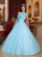 Fashionable Light Blue Quinceanera Dress One Shoulder Tulle Ruch  A-line
