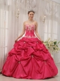 Formal Coral Red Quinceanera Dress Sweetheart Taffeta Appliques Ball Gown