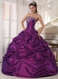 Formal Eggplant Purple Quinceanera Dress Strapless Taffeta Embroidery Ball Gown