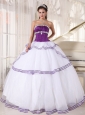 Gorgeous White and Purple Quinceanera Dress Strapless Floor-length Organza Appliques Ball Gown