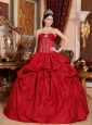 Inexpensive Wine Red Quinceanera Dress Strapless Taffeta Appliques Ball Gown