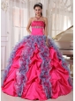 Lovely Hot Pink and Aqua Blue Quinceanera Dress Strapless Organza and Taffeta Beading and Ruffles Ball Gown