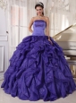 Low Prince Purple Quinceanera Dress Strapless Satin and Organza Beading Ball Gown