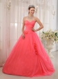 Modest Watermelon Red Sweetheart Tulle Beading Quinceanera Dress Ball Gown