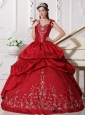 Modest Wine Red Quinceanera Dress Straps Floor-length Taffeta Embroidery Ball Gown