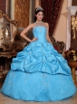 Perfect Aqua Blue Quinceanera Dress Strapless Taffeta and Organza Beading Ball Gown
