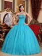 Popular Turquoise Quinceanera Dress Strapless Tulle Embroidery with Beading Ball Gown