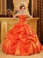 Popular Orange Red Quinceanera Dress Strapless Taffeta Handle Flowers Ball Gown