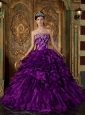 Pretty Eggplany Purple Quinceanera Dres Strapless Organza Ruffles Ball Gown