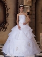 Pretty White Quinceanera Dress Strapless Appliques Satin and Organza  Ball Gown