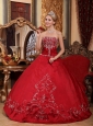 Pretty Wine Red Quinceanera Dress Strapless Satin  Embroidery Ball Gown