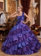 Remarkable Purple Quinceanera Dress One Shoulder Taffeta and Organza Hand Made Flowers Ball Gown