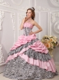 Romantic Pink Zebra Ball Gown Strapless Taffeta and Beading Quinceanera Dress