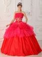 Romantic Red Quinceanera Dress Strapless Taffeta and Organza Ball Gown